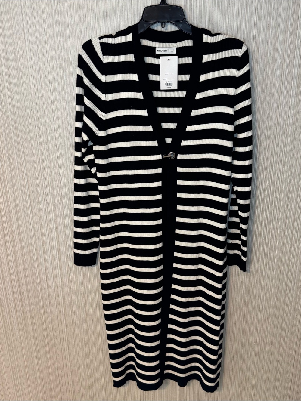 NWT $45 Nine West Black & White Striped Long Midi Knitted Cardigan Sweater Large